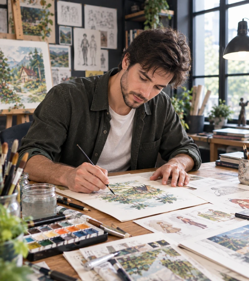 Illustrator creating artwork
