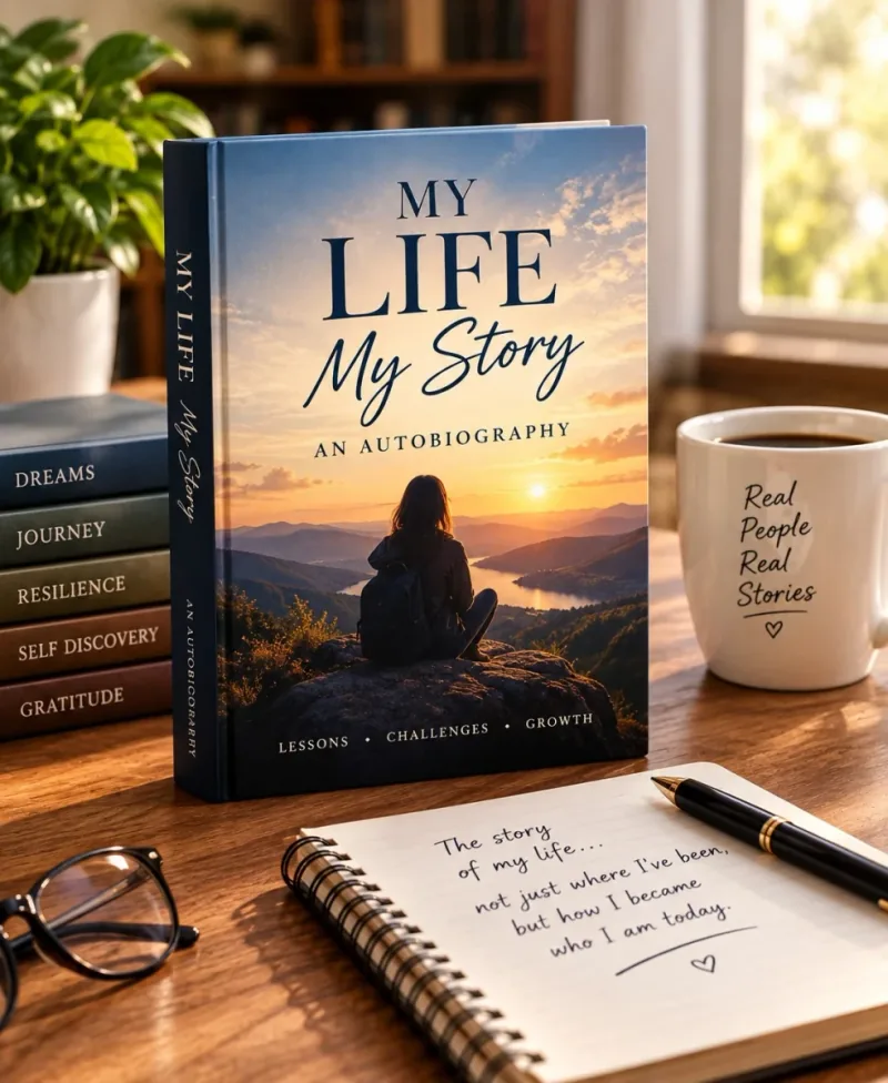 Autobiography beside a notebook of handwritten draft lines