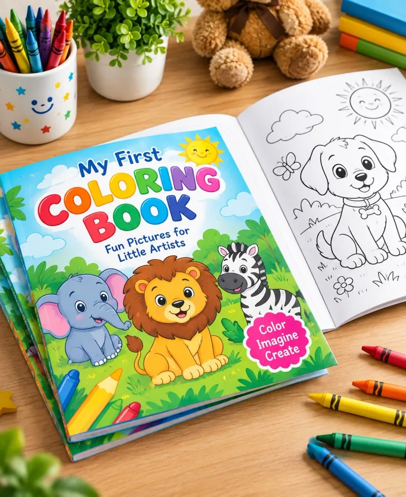 Children's coloring book and crayons