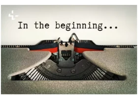 Typewriter page reading "In the beginning..."