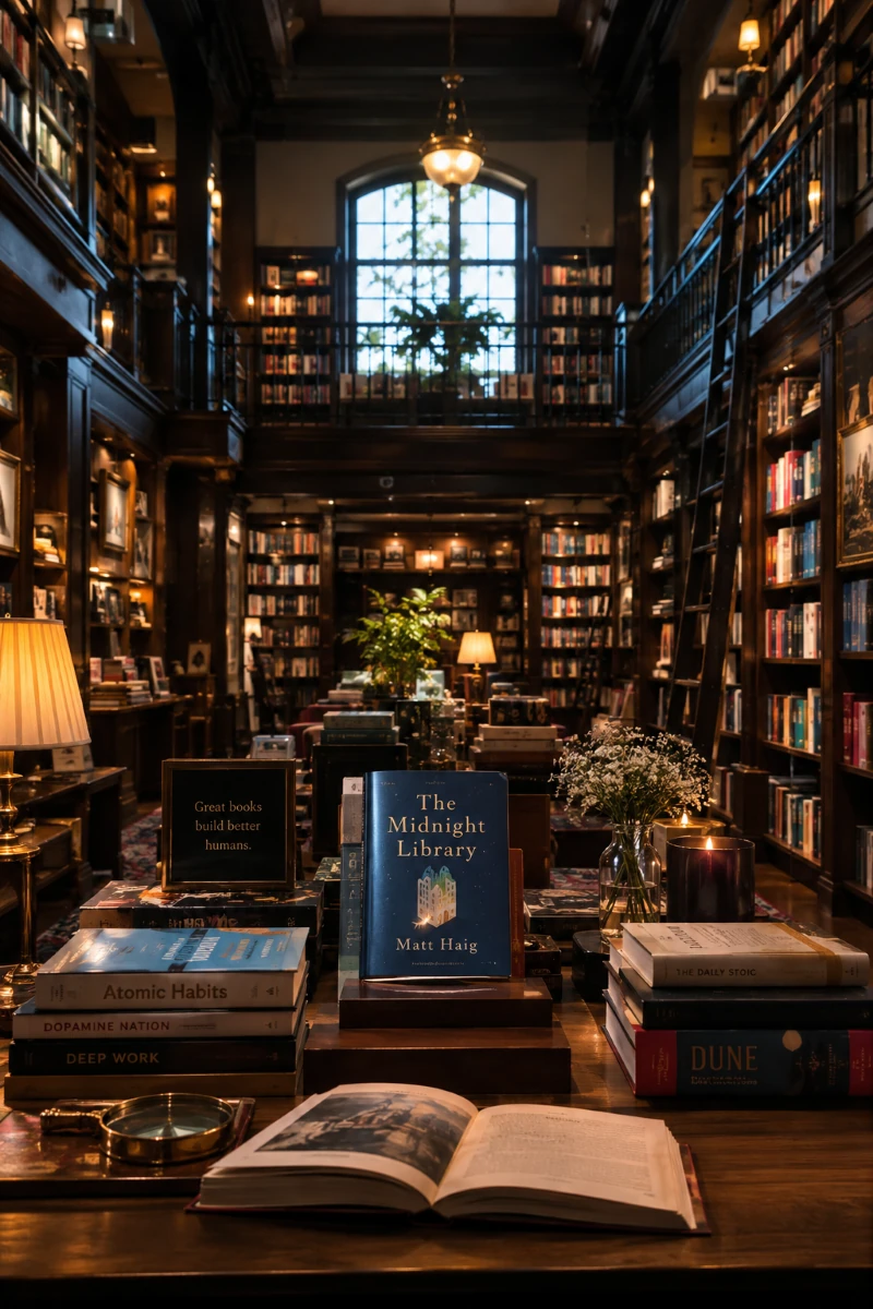 Grand library with shelves of books reaching worldwide readers